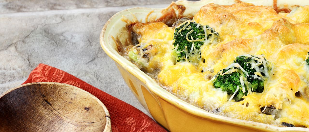 Broccoli and cauliflower bake topped with cheese and bacon